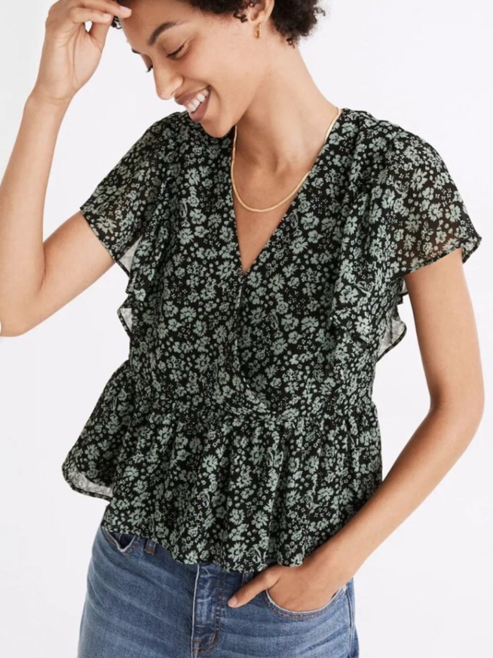 Madewell Georgette Ruffle-Sleeve Peplum Top in Fleur Field NWT